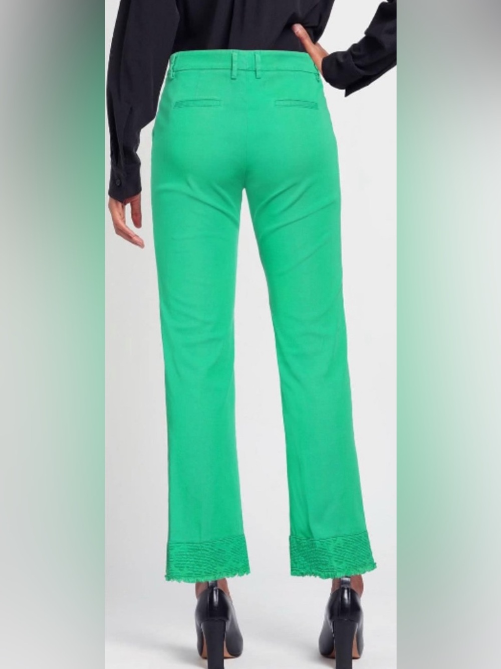 Soft Cotton Green Straight Leg Trouser Pants with Embroidered Hem: Size 6 - Picture 4 of 8